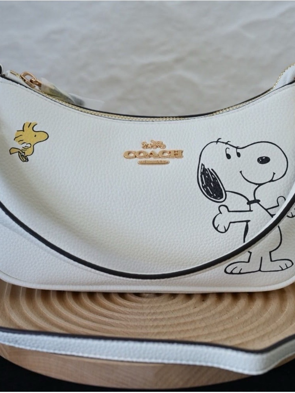 COACH White Leather Snoopy & Woodstock Shoulder Bag with Gold Logo